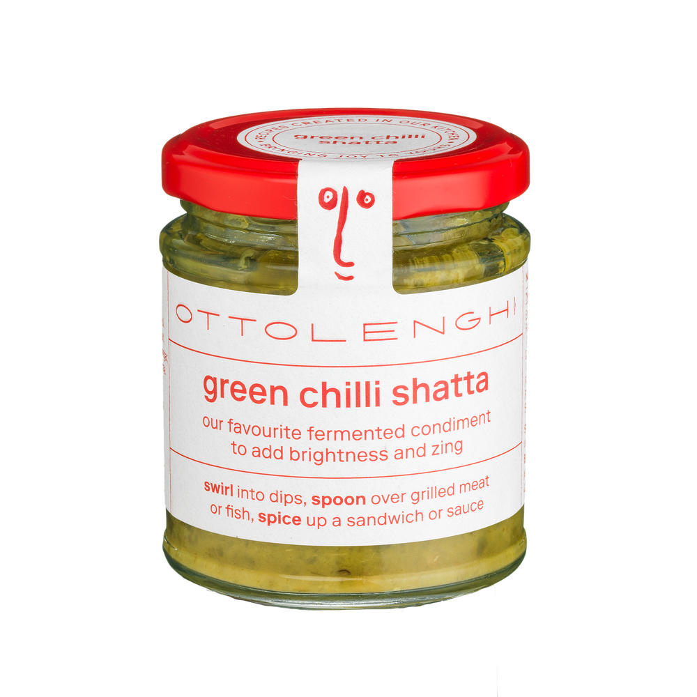 Jar of Ottolenghi Green Chilli Shatta 170g, the condiment spooned over freshly shucked oysters in this recipe