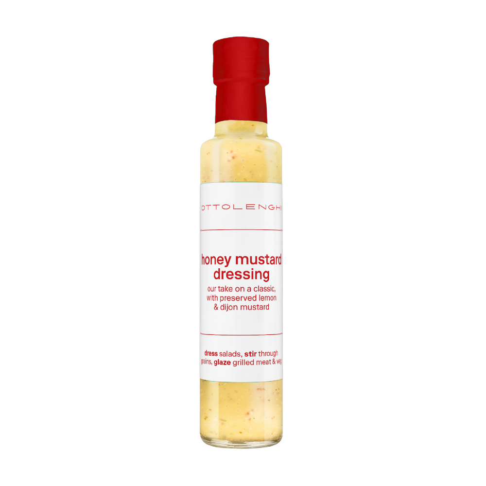 Bottle of Ottolenghi honey mustard dressing 250ml, the bottled shortcut for this warm potato salad