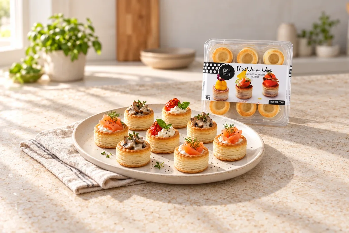 A plate of mini vol au vents filled with smoked salmon and dill, mushroom and thyme, and roast tomato with basil, beside a pack of Confiletas mini vol au vent shells