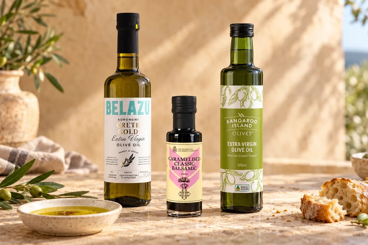Bottles of Belazu Crete Gold and Kangaroo Island extra virgin olive oil beside a caramelised balsamic, with a dish of oil, olive branches and crusty bread