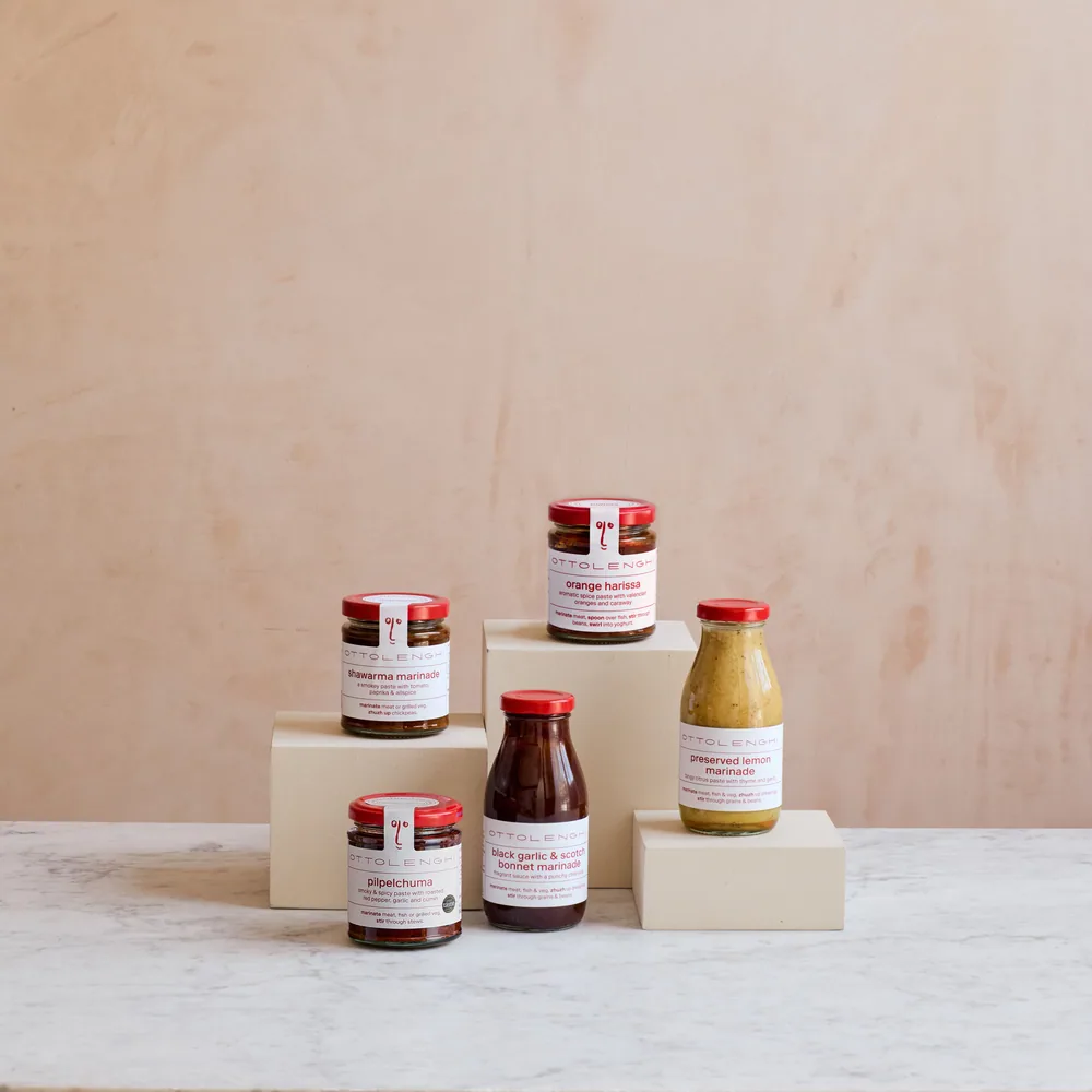 A collection of Ottolenghi marinade jars from the pantry range