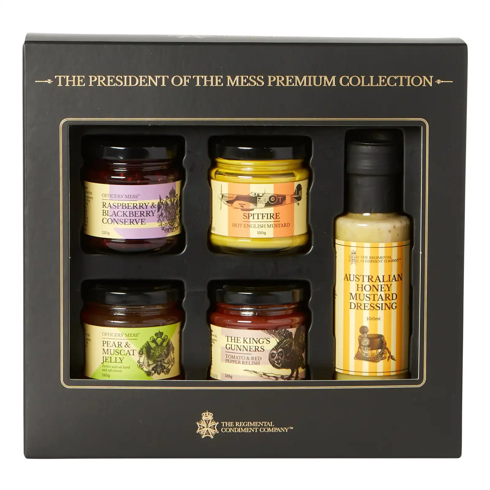 TRCC - The President of the Mess Premium Collection - 4 Jar 1 Bottle (1) Jam (1) Chutney (1) Mustard (1) Cheese Jelly (1) Dressing