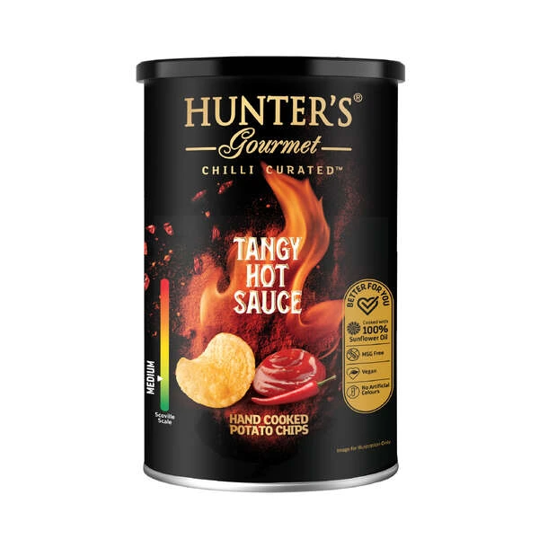 Hunter's Gourmet Hand Cooked Potato Chips Tangy Hot Sauce Canister (150g)