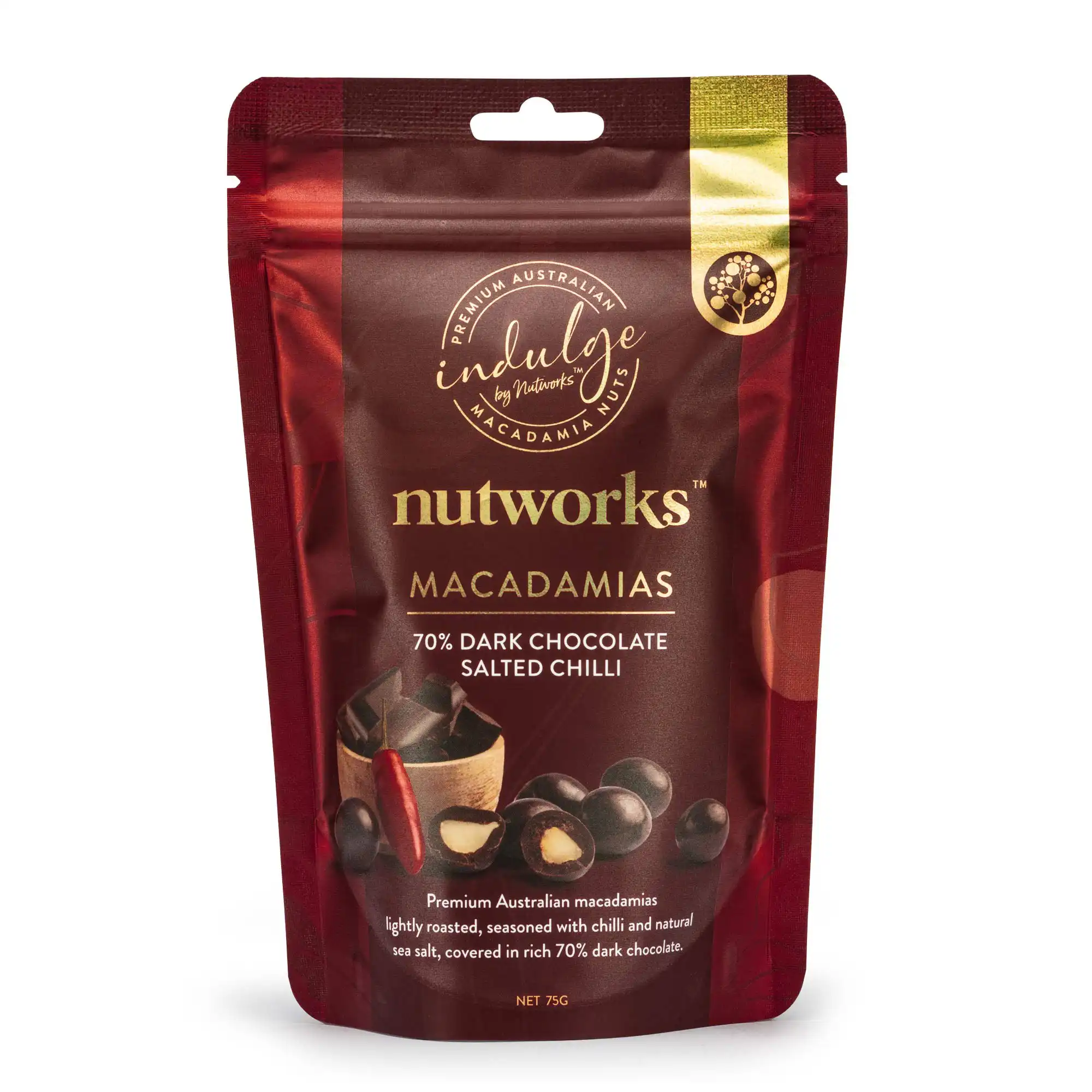 Nutworks 70% Dark Chocolate Salted Chilli Macadamias 75g