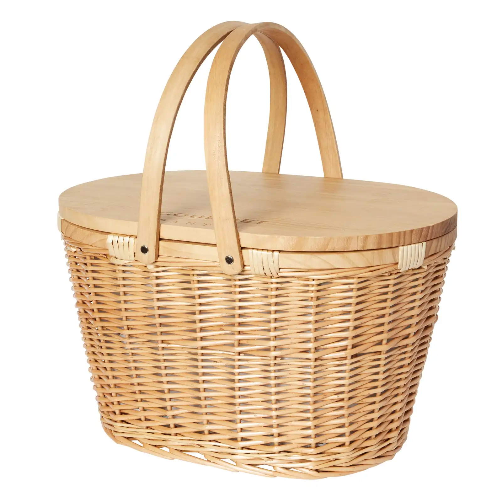 TGP Luxury Insulated Wicker Picnic Basket with Wooden Lid & Handle - Oval 