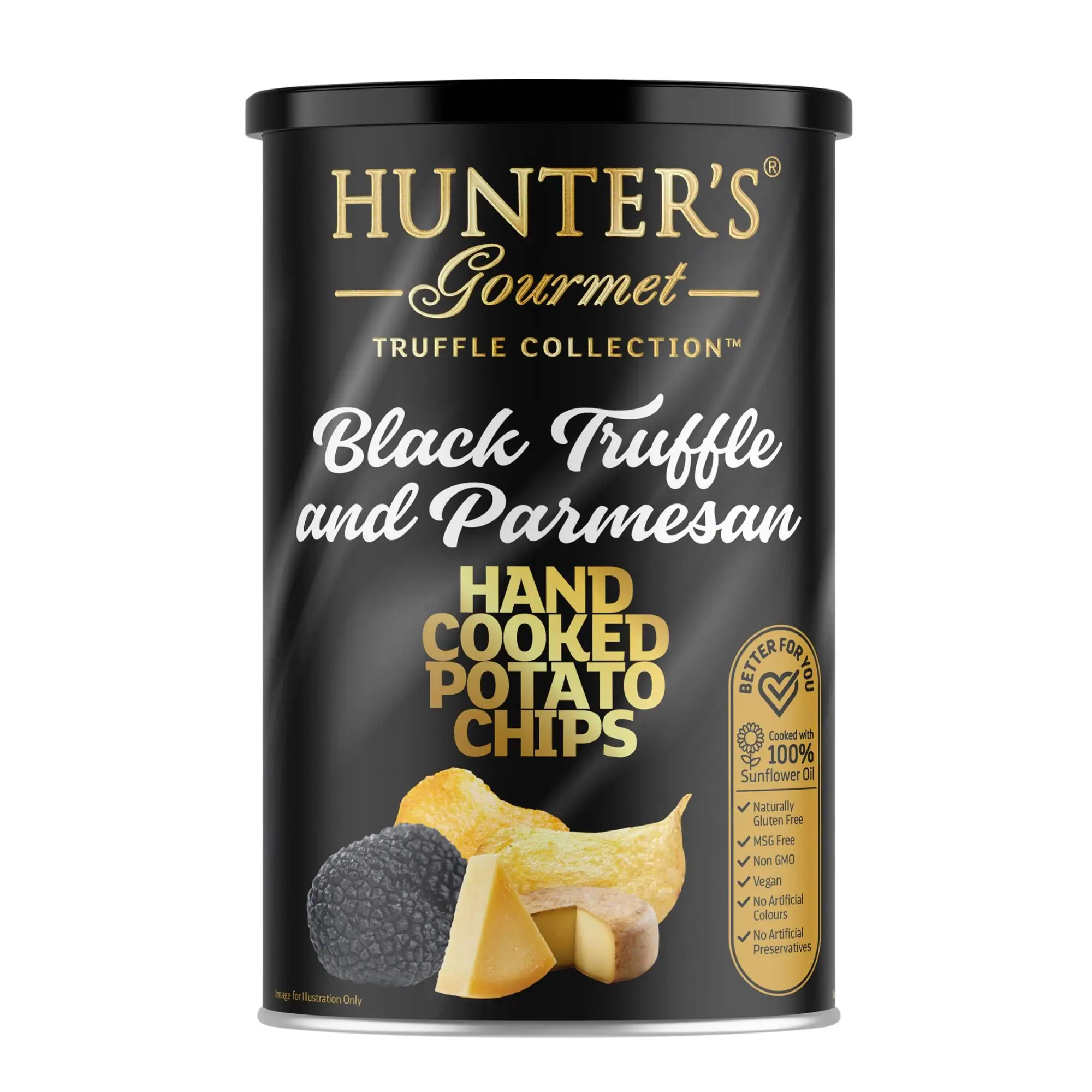 Hunter's Gourmet Hand Cooked Potato Chips Truffle Collection - Black Truffle & Parmesan Canister (150g)