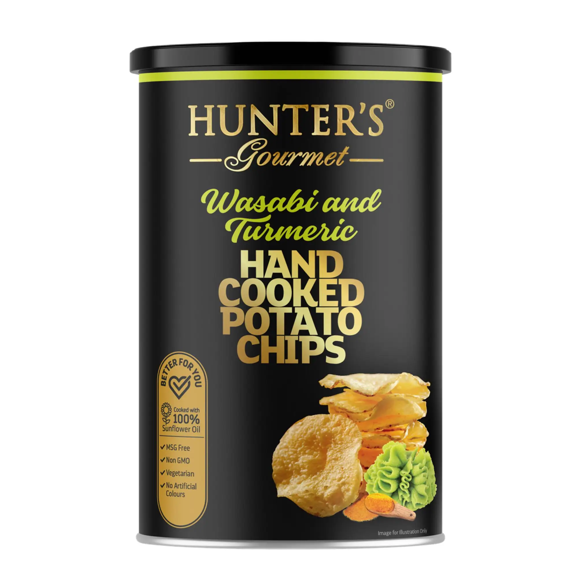 Hunter's Gourmet Hand Cooked Potato Chips Gold Collection - Wasabi and Turmeric Canister (150g)