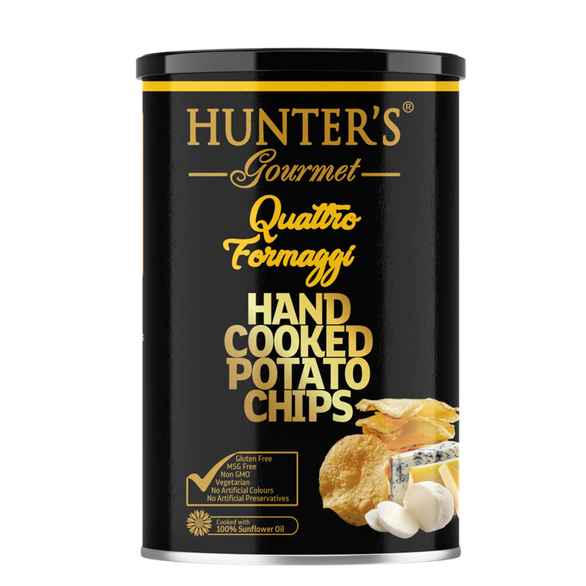 Hunter's Gourmet Hand Cooked Potato Chips Gold Collection - Quattro Formaggi Canister (150g)