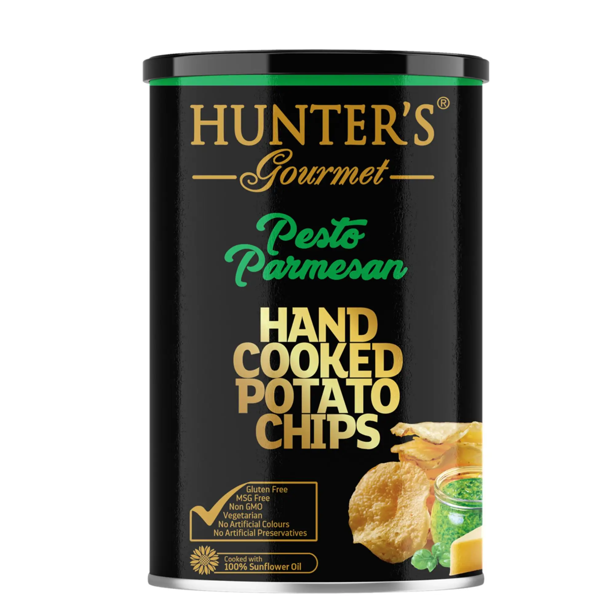 Hunter's Gourmet Hand Cooked Potato Chips Gold Collection - Pesto Parmesan Canister (150g)