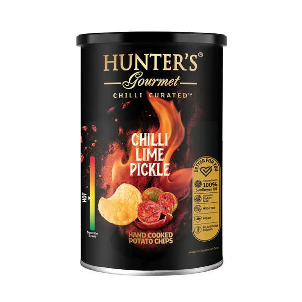 Hunter's Gourmet Hand Cooked Potato Chips Chilli Lime Pickle Canister (150g)