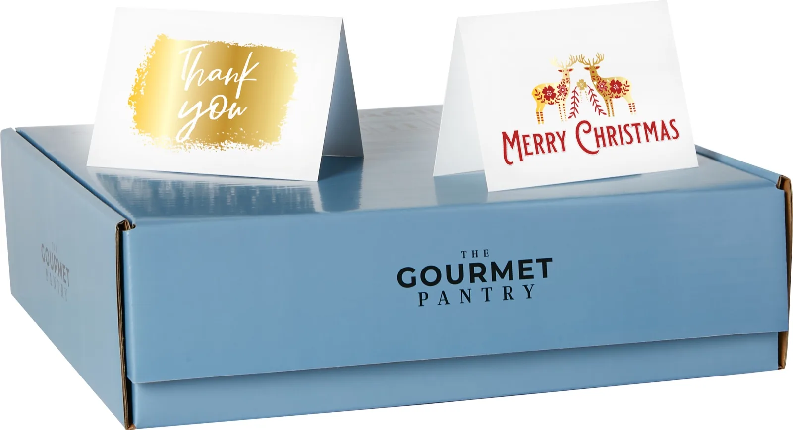 A packed Gourmet Pantry hamper box with two personalised gift cards, one Thank You in gold and one Merry Christmas