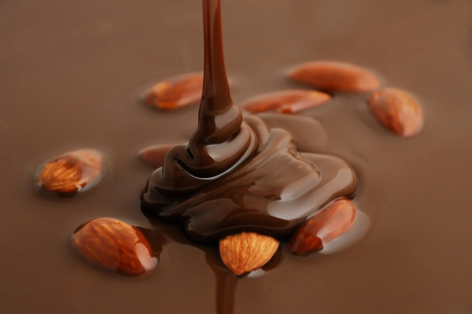 Melted milk chocolate poured in a ribbon over whole roasted almonds, the only heat these desserts need
