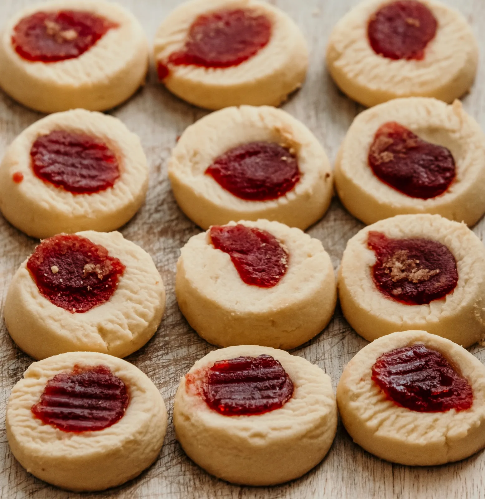 Twelve jam drop biscuits on a timber board, each shortbread round holding a well of set re
