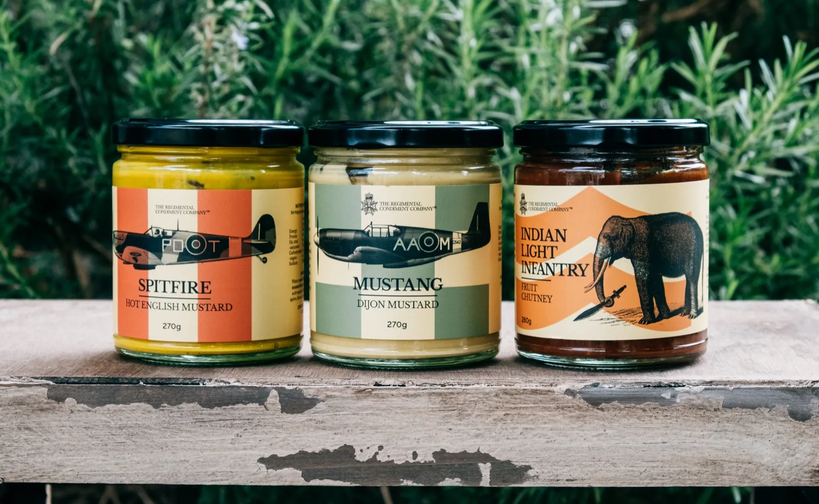 Spitfire hot English mustard, Mustang Dijon and Indian Light Infantry fruit chutney jars o