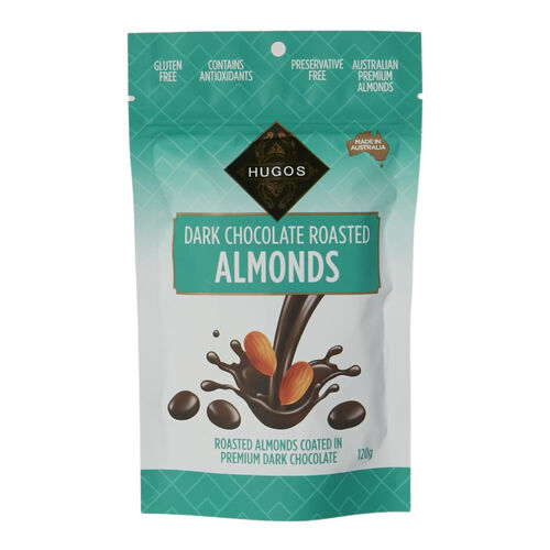 HUGOS DARK CHOCOLATE ALMONDS 120G