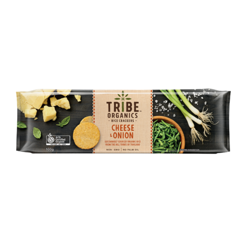 TRIBE ORGANIC RICE CRACKERS - CHEESE AND ONION - 100G